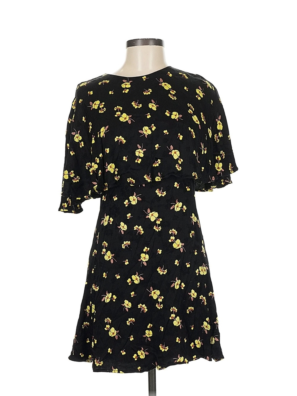 Zara Silky Cape Black & Yellow Floral Mini Dress sz M